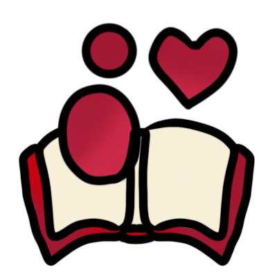an open book with red covers, a red figure emerging from it, and a red heart next to the figure.
